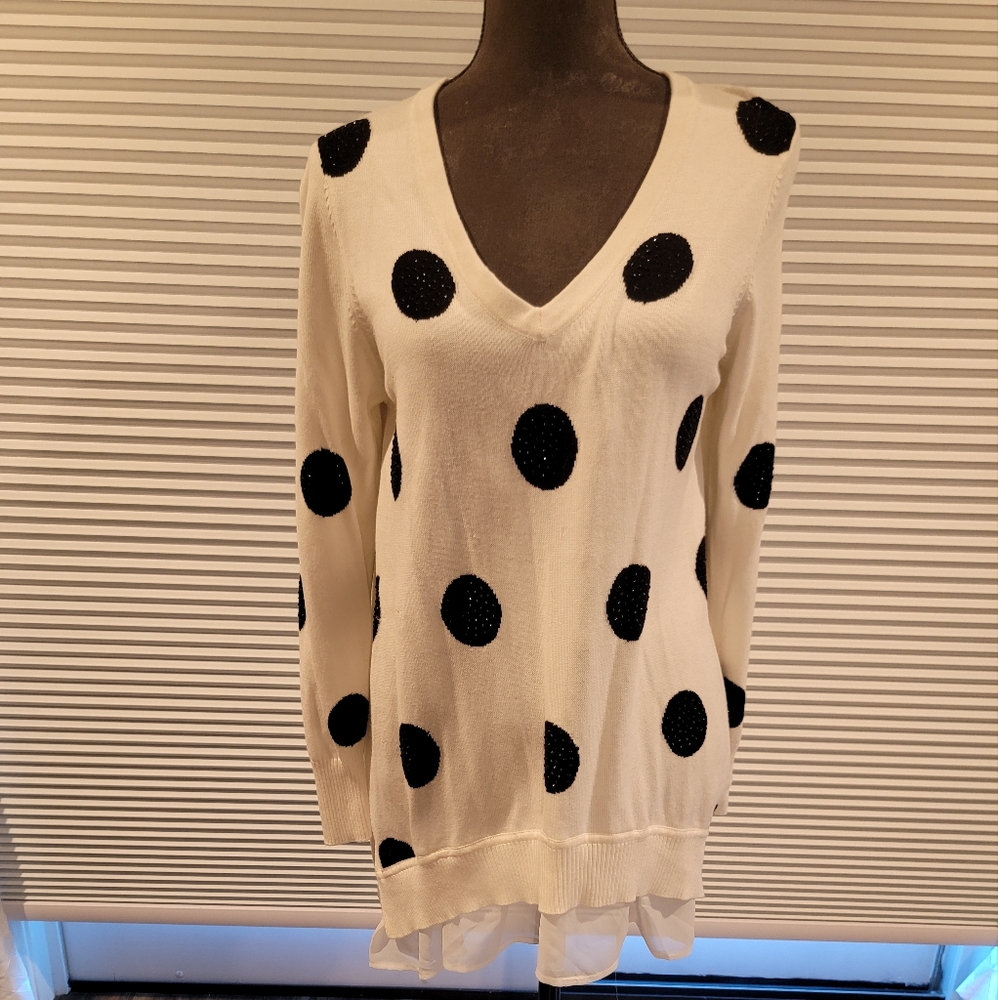 Neiman Marcus White Sweater with Beaded Black Polka Dots